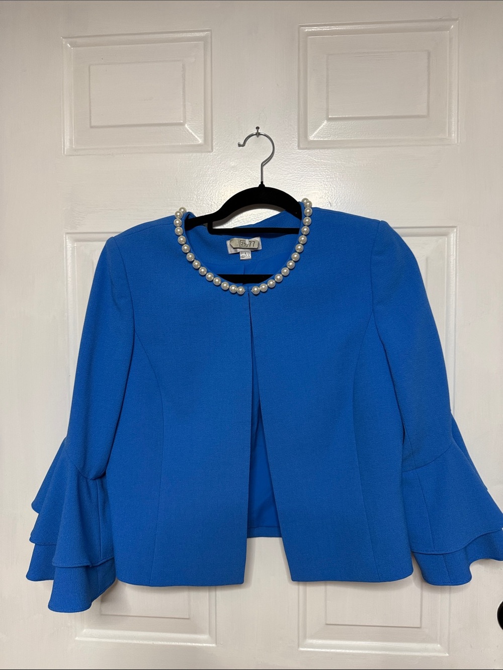 Tahari Women’s ASL Cobalt Blue Pearl-Trim Ruffle Sleeve Jacket size 8